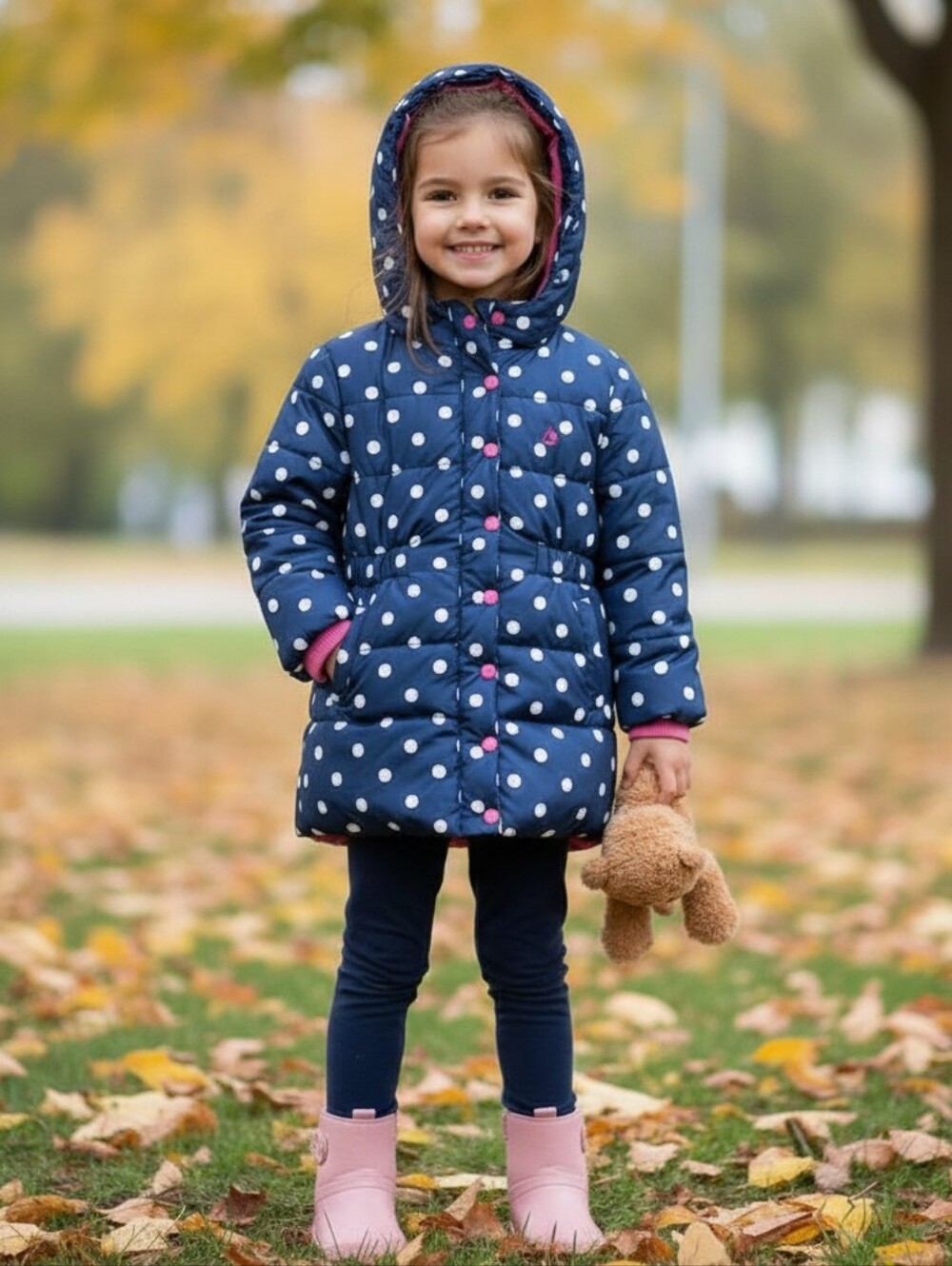JoJo Maman BèBè Puffer Coat Girls Size 5-6 Year Old Blue Poka Dot Warm Cozy Cute